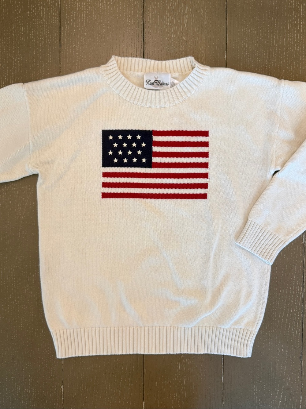 Rare Editions Preppy American Flag Crewneck Cream Sweater Youth Girls Size 14